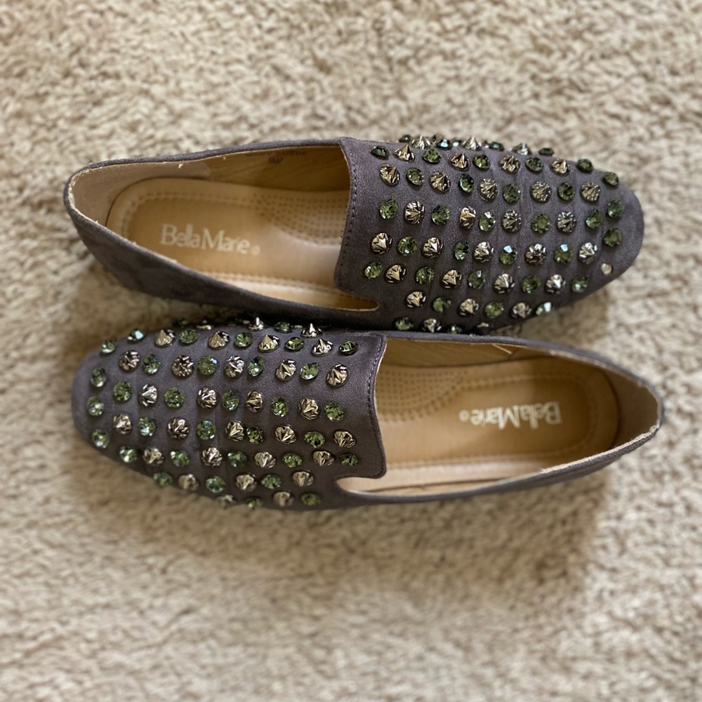 Bella Marie grey suede spiked bling slip on mules 6.5